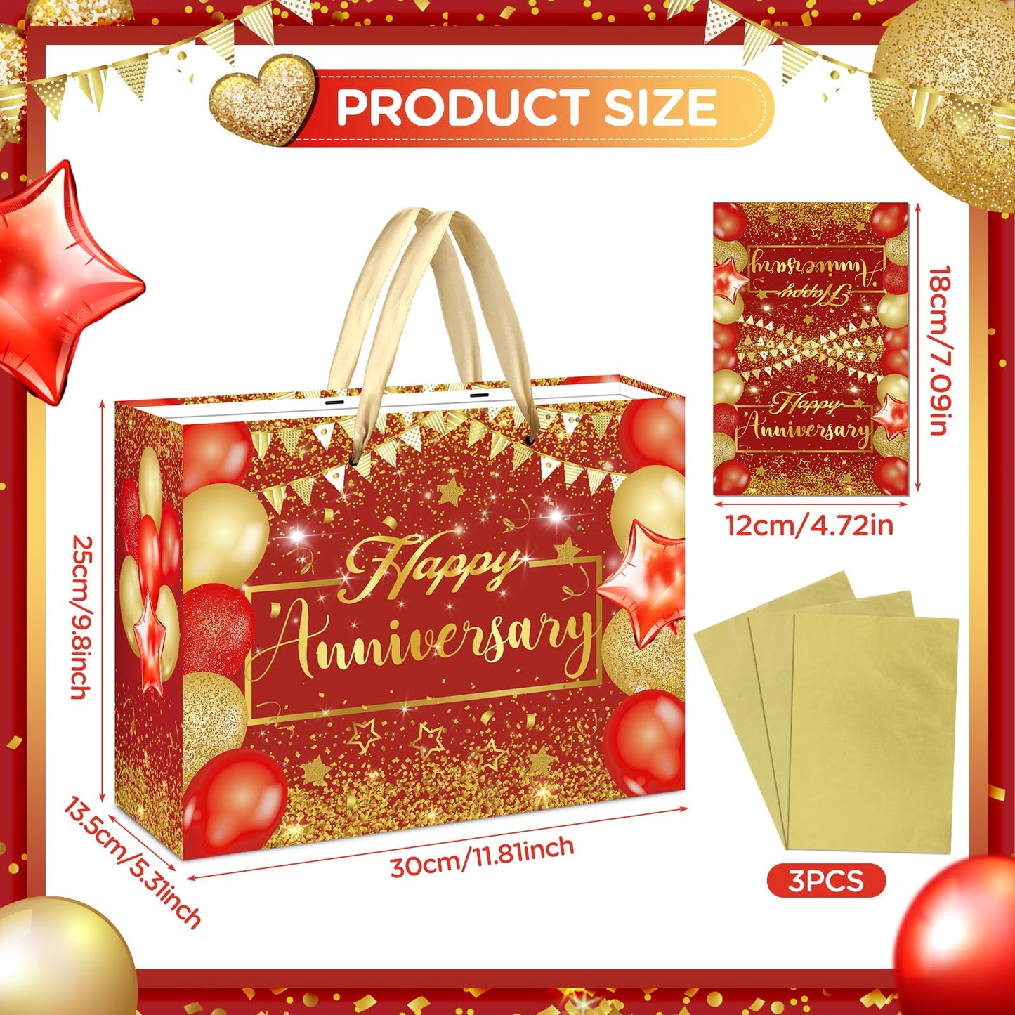 Red Anniversary Party Gift Bag with Tissue Papers and Card, 11.8'' Red Gold Wedding Anniversary Paper Gift Wrapping Bag for Women Men Wedding Party Supplies Gift Bag