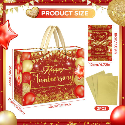 Red Anniversary Party Gift Bag with Tissue Papers and Card, 11.8'' Red Gold Wedding Anniversary Paper Gift Wrapping Bag for Women Men Wedding Party Supplies Gift Bag
