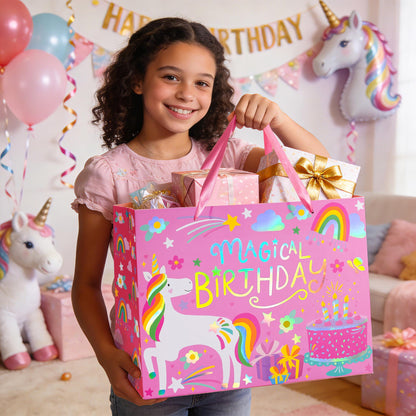 WRAPAHOLIC 13" Large Unicorn Birthday Gift Bag with Card and Tissue Paper - Rainbow Foil Unicorn Paper Bags for Baby Girl Shower and Birthday