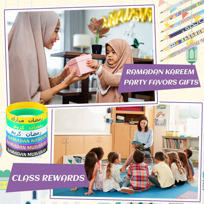 Feifeiya 96 Pcs Ramadan Eid Mubarak Gifts, Eid Pencils Ramadan Wristbands Party Favors Muslim Gifts for Kids Students Classroom Party Supplies