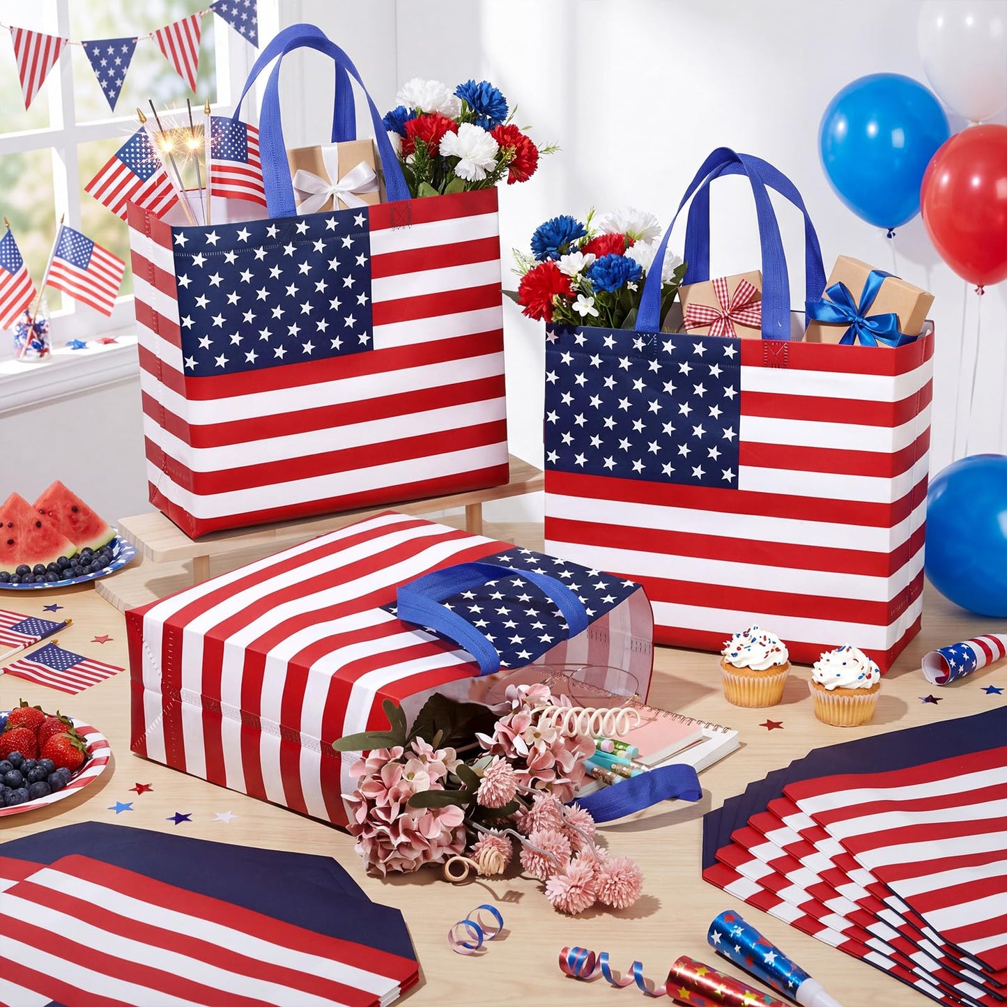 Abbylike 30 Pcs American Flag Gift Bag Large 4th of July Patriotic Shopping Bag with Stars and Stripes Reusable Non Woven Tote for Independence Day Birthday Party Supplies, 12.2 x 11.02 x 4.72 Inches