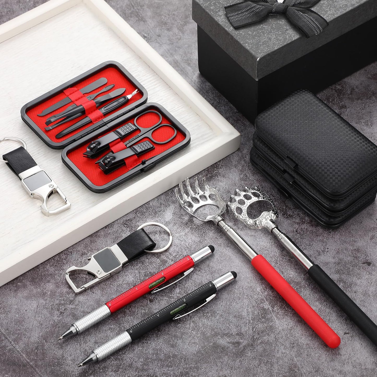 Pickmesh 24 Pcs Fathers Day Dad Gifts Small Bulk Gifts for Men Adults Dad Husband Nail Clipper Set Keychains Scratcher Multipurpose Pen Baby Shower Prizes for Men Winner Husband Employee Bachelor