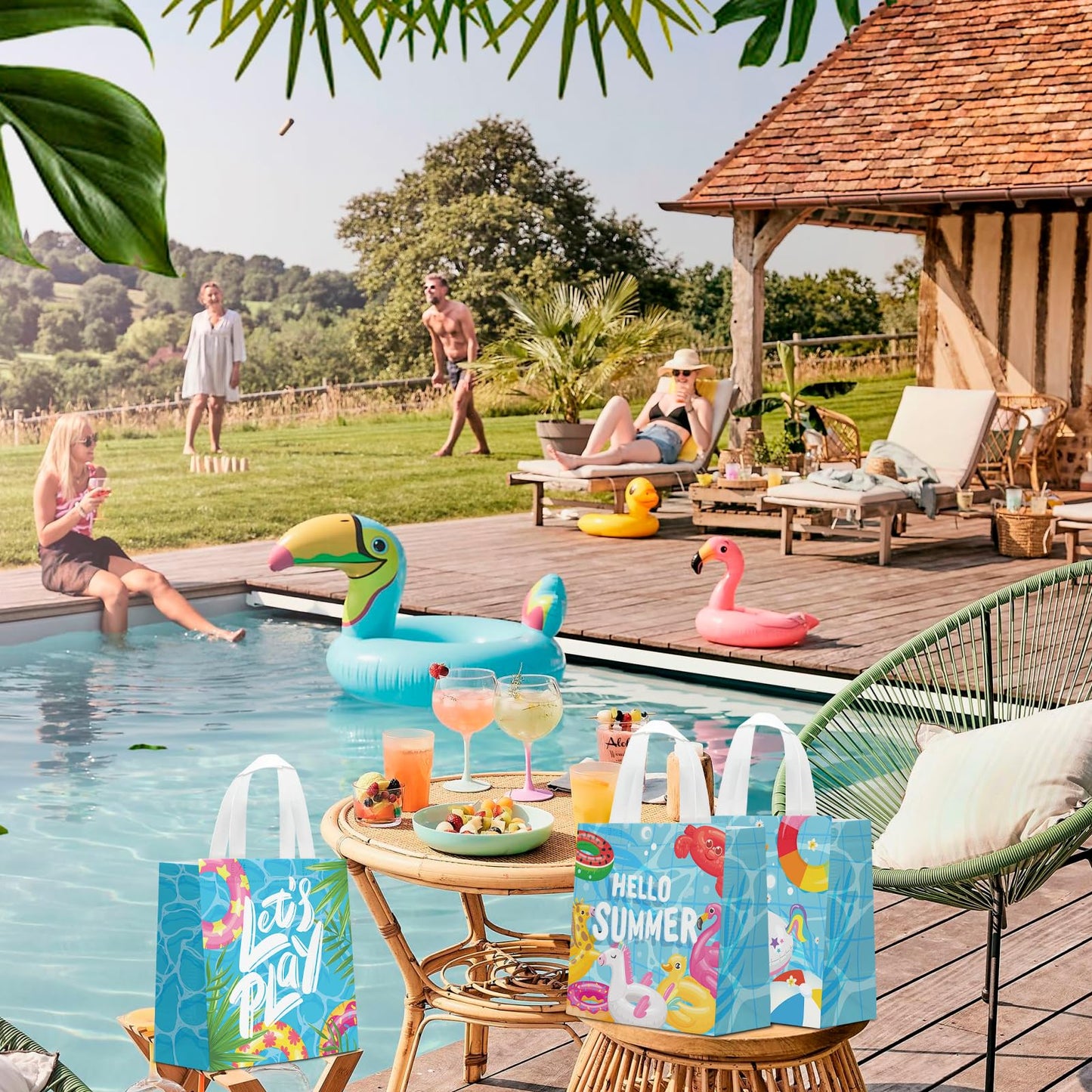 KERINGO 24 PCS Pool Party Favors Gift Bags Summer Beach Swimming Theme Non-Woven Gift Treat Bags with Handles for Summer Pool Party Supplies