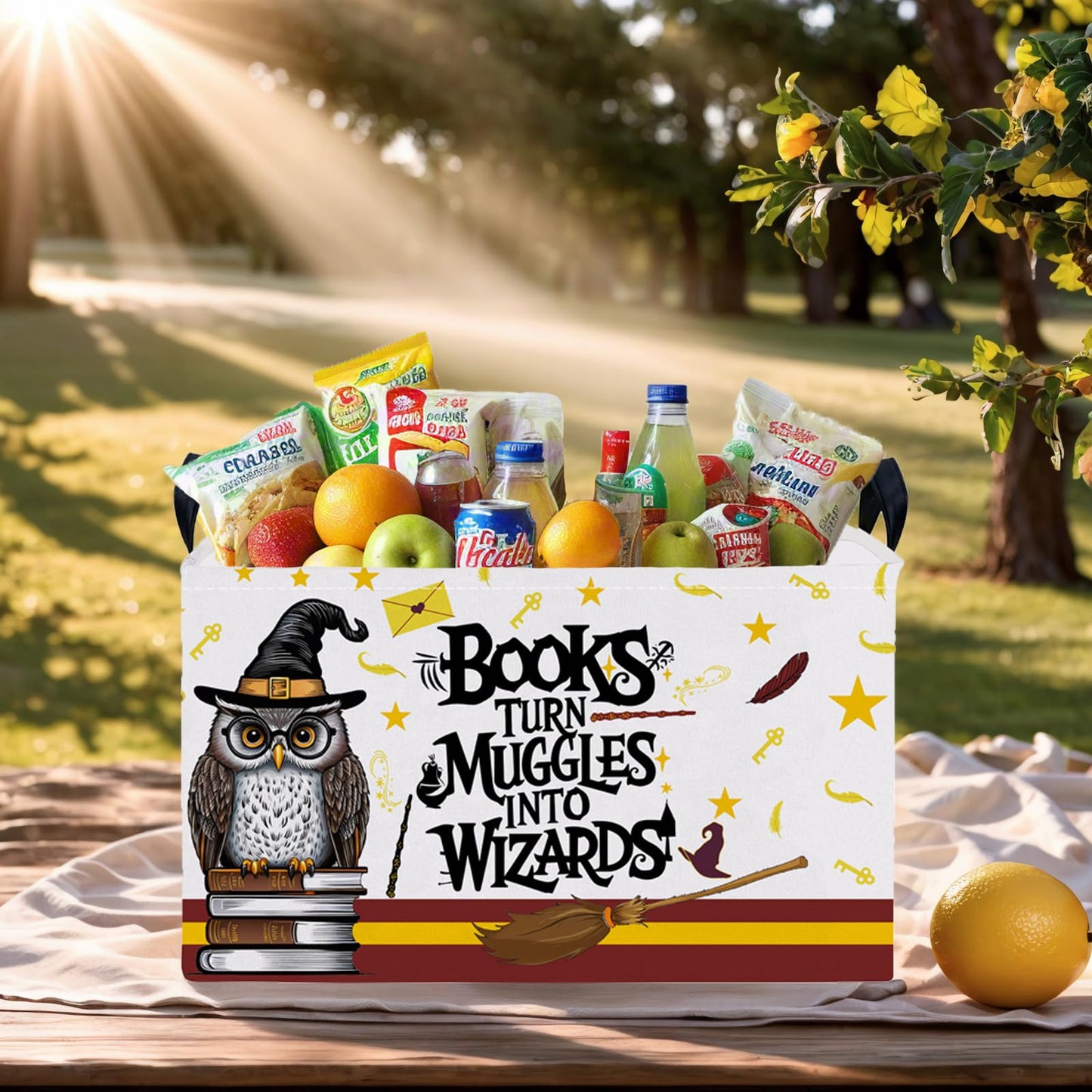 Kid Rectangle Magic Decor Basket Nursery Baby Gift Basket Feather Hat Book Broomstick Toy Storage Bin (Wand Owl)