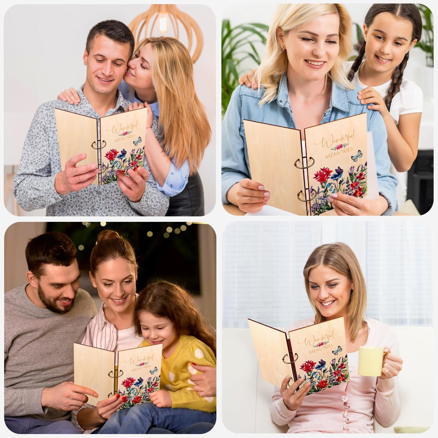 Giiffu Greeting Card Organizer – Wonderful Memories Wooden Floral Card Keeper & Album, Wood Book or Binder for Cards Keepsakes, Personalized Gift for Wedding, Birthday, Anniversaries, Holiday