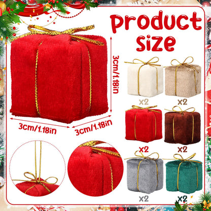 Soulchen 12 Pcs Velvet Christmas Tree Decoration Mini Present for Craft 1.2'' Miniature Gift Boxes Ornaments Classic Hanging Tiny Wrapped Presents for Xmas Party Decor