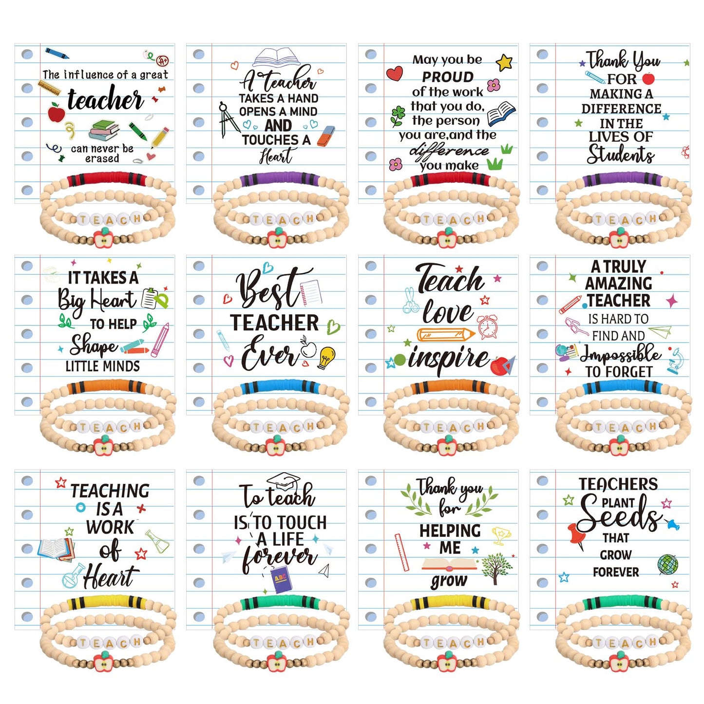 Huquary 12 Set/24Set End of Year Teacher Gifts Teacher Bracelet Bulk Clay Beaded Bracelet with Card OPP Bag