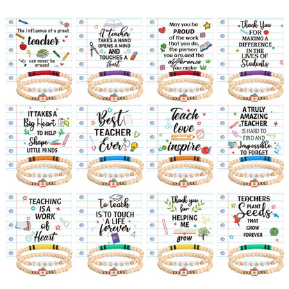 Huquary 12 Set/24Set End of Year Teacher Gifts Teacher Bracelet Bulk Clay Beaded Bracelet with Card OPP Bag