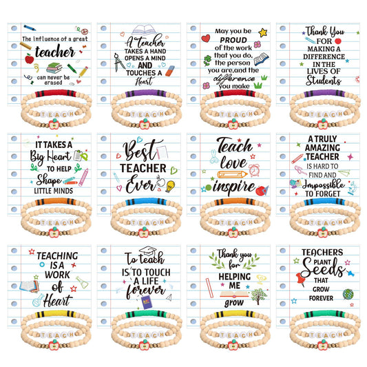 Huquary 12 Set/24Set End of Year Teacher Gifts Teacher Bracelet Bulk Clay Beaded Bracelet with Card OPP Bag