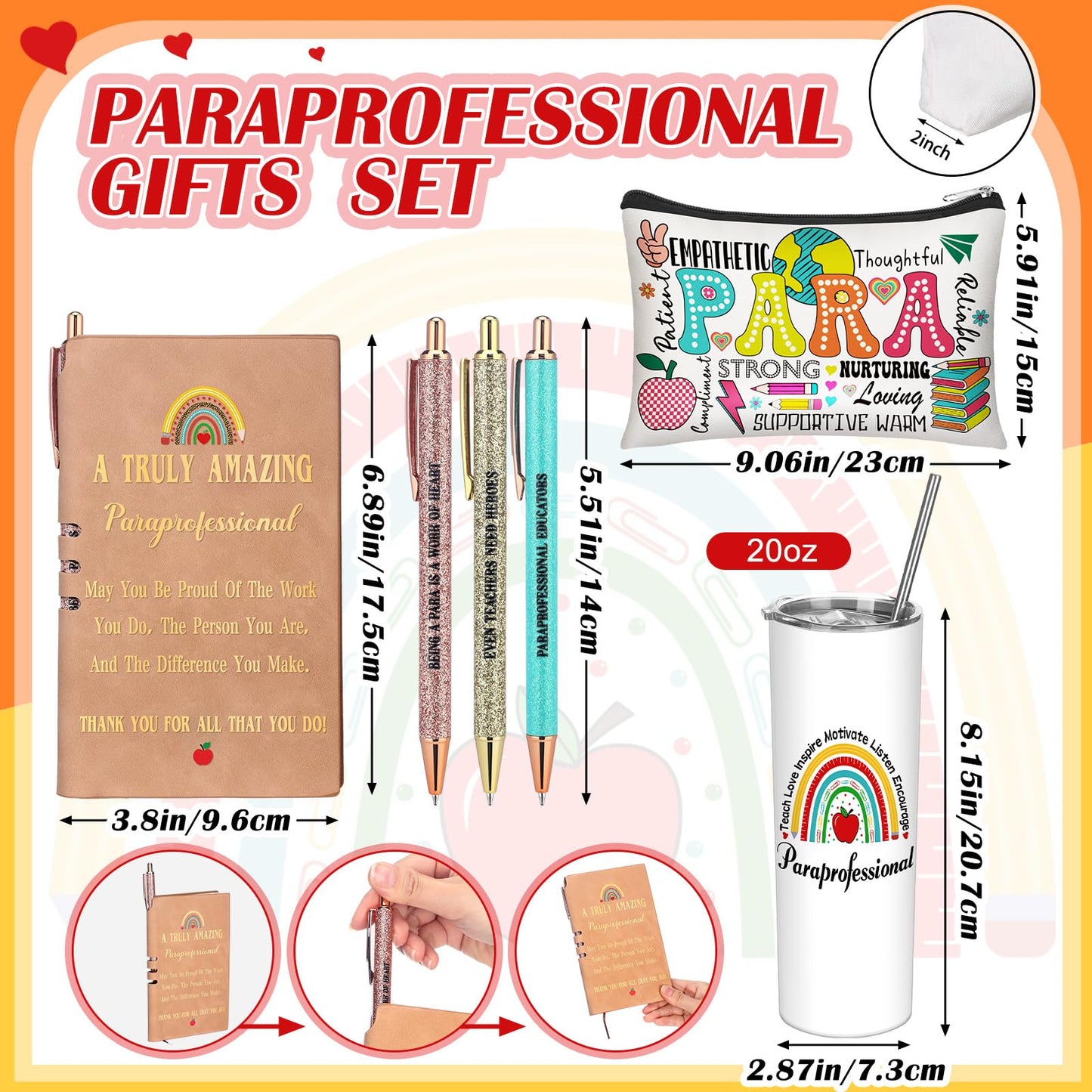 Patelai 6 Pcs Nurse Paraprofessional Gifts Teacher Thank You Gifts for Women 20oz Stainless Steel Tumbler Makeup Cosmetic Bag Pen Notebooks Gift for Nurse CNA Teacher Assistant