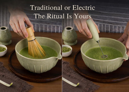 Matcha Whisk Set with Matcha Bowl - Matcha Set Included Electric Frother, Bamboo Whisk, Matcha Spoon, Bamboo Holder, Sifter, Spoon Stand (Mottled Green)