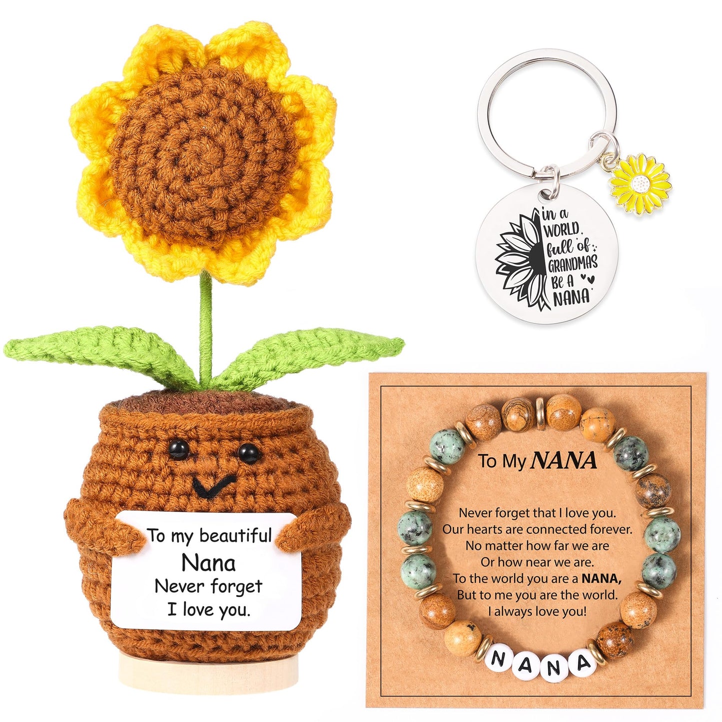 Lamyba Nana Gifts for Christmas or Birthday, Crochet Sunflower Decor with Message Card, Natural Stone Adjustable Nana Bracelet and Keychain Set, Mothers Day Grandma Gifts for Nana Women