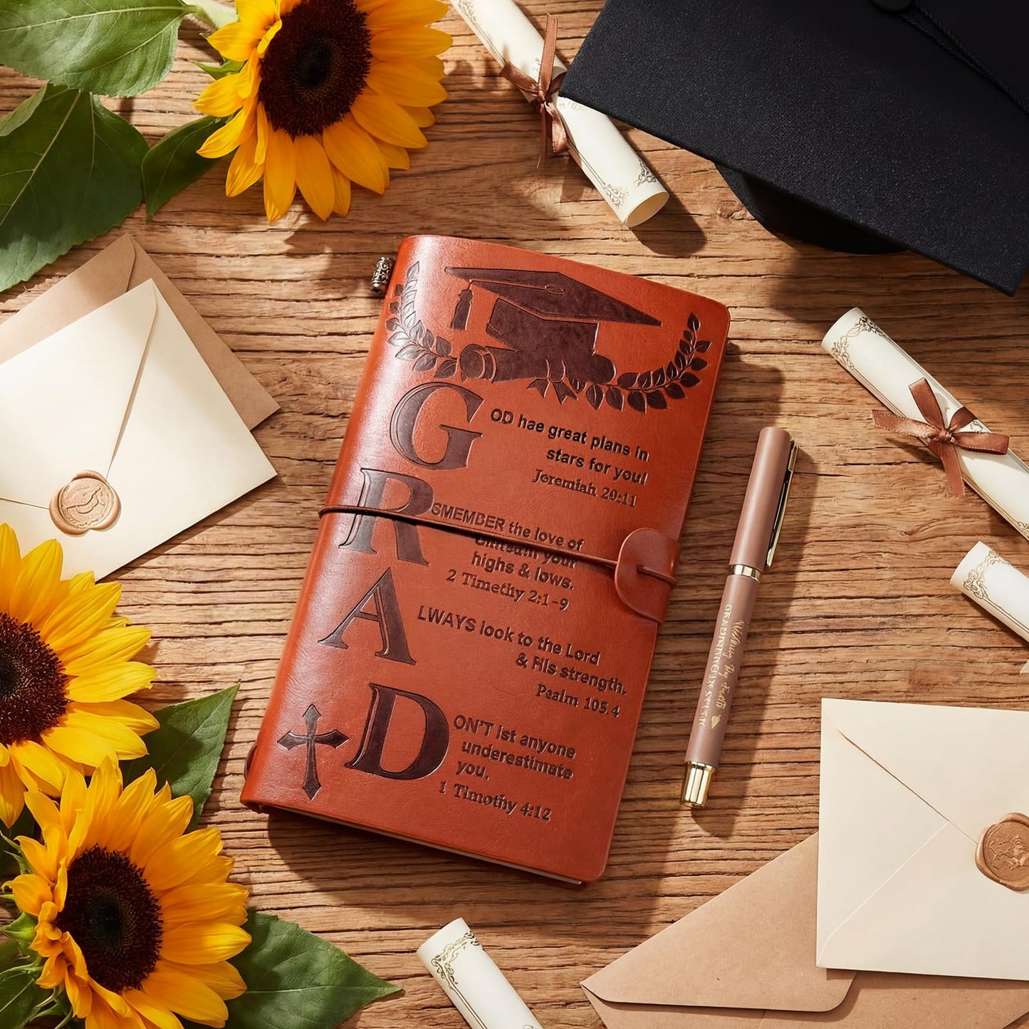 2Pcs Christian Graduation Leather Notebook Pen 120 Pages Bible Verses Inspirational Notebook Graduation Christian Gifts 2026 High School College Congratulations Grad for Women Men(Brown)