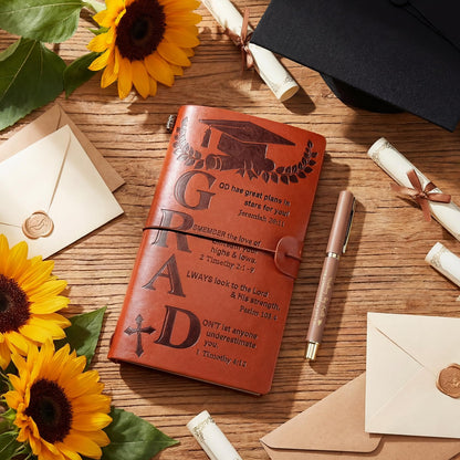 2Pcs Christian Graduation Leather Notebook Pen 120 Pages Bible Verses Inspirational Notebook Graduation Christian Gifts 2026 High School College Congratulations Grad for Women Men(Brown)