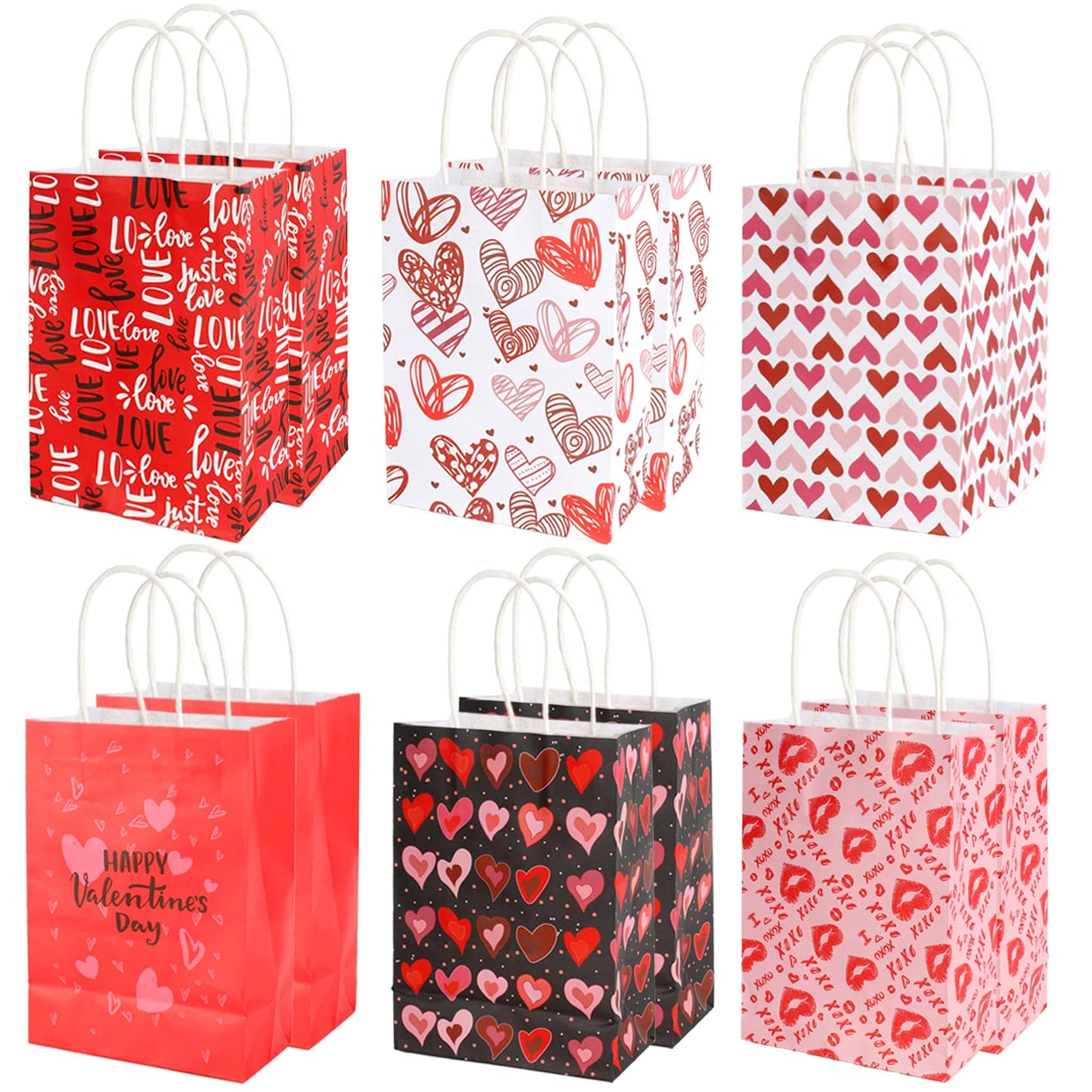 Valentines Gift Bags, 12 PCS Valentine Paper Bags with Handles, Valentines Day Gift Bag, Heart Shaped Valentine Treat Goodie Candy Cookie Bag for Valentine's Day Wedding Holiday Party Favor Supplies