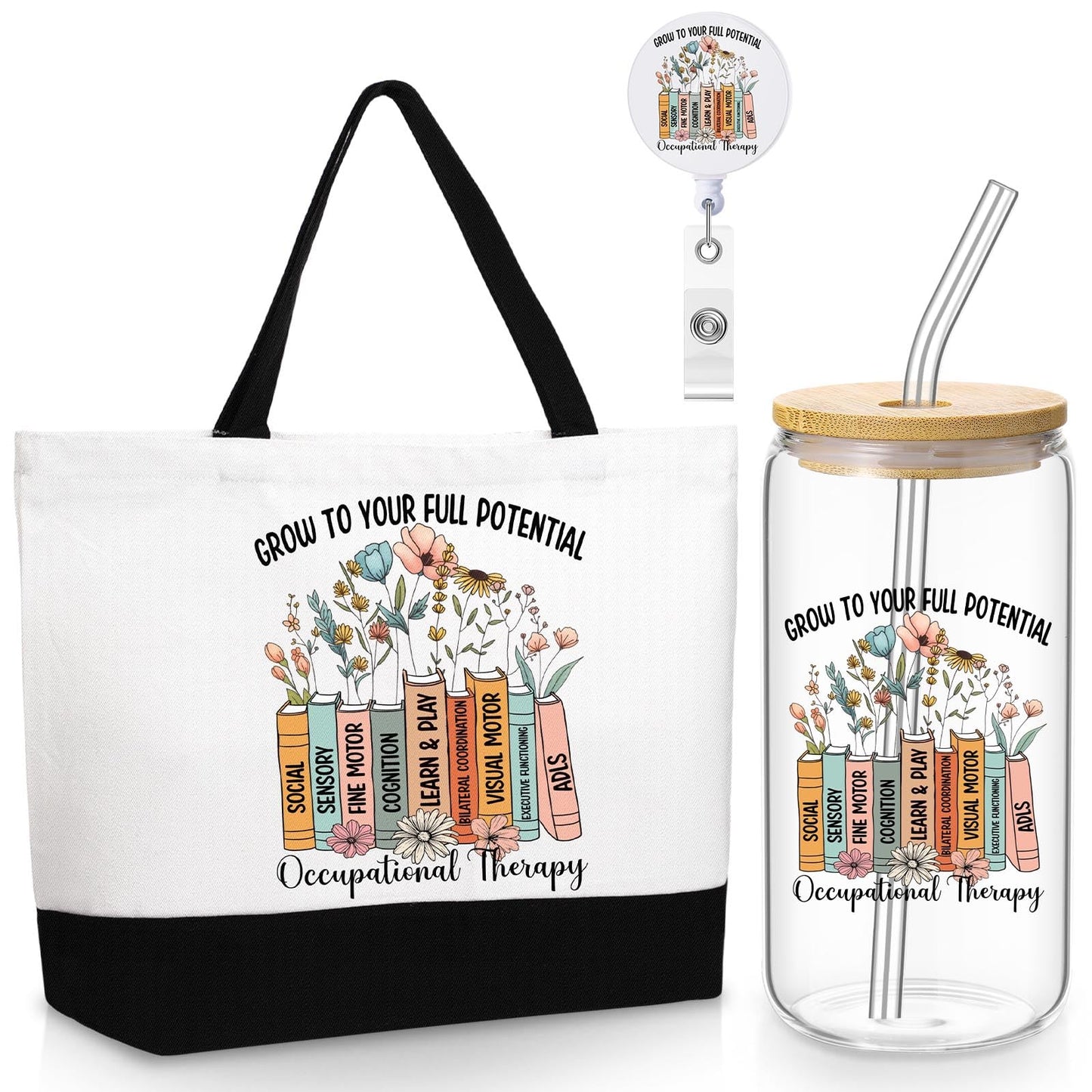 Vesici 3 Pcs Occupational Therapist Appreciation Gifts for Women, 16 oz Glass Cup Large Canvas Tote Bag with Retractable Badge Reel Occupational Therapist Week Gifts