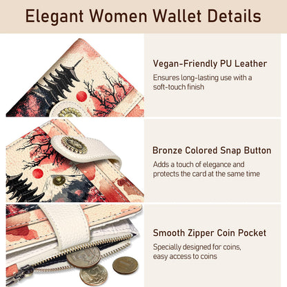 Kelvoris Japanese Sunset Goth Small Rfid Women Wallet Bifold Zipper Coin Pocket PU Leather Compact Cash Credit Card Holder Travel Wallet for Female Ladies Teen Girls 1 ID Window 10 Card Slots