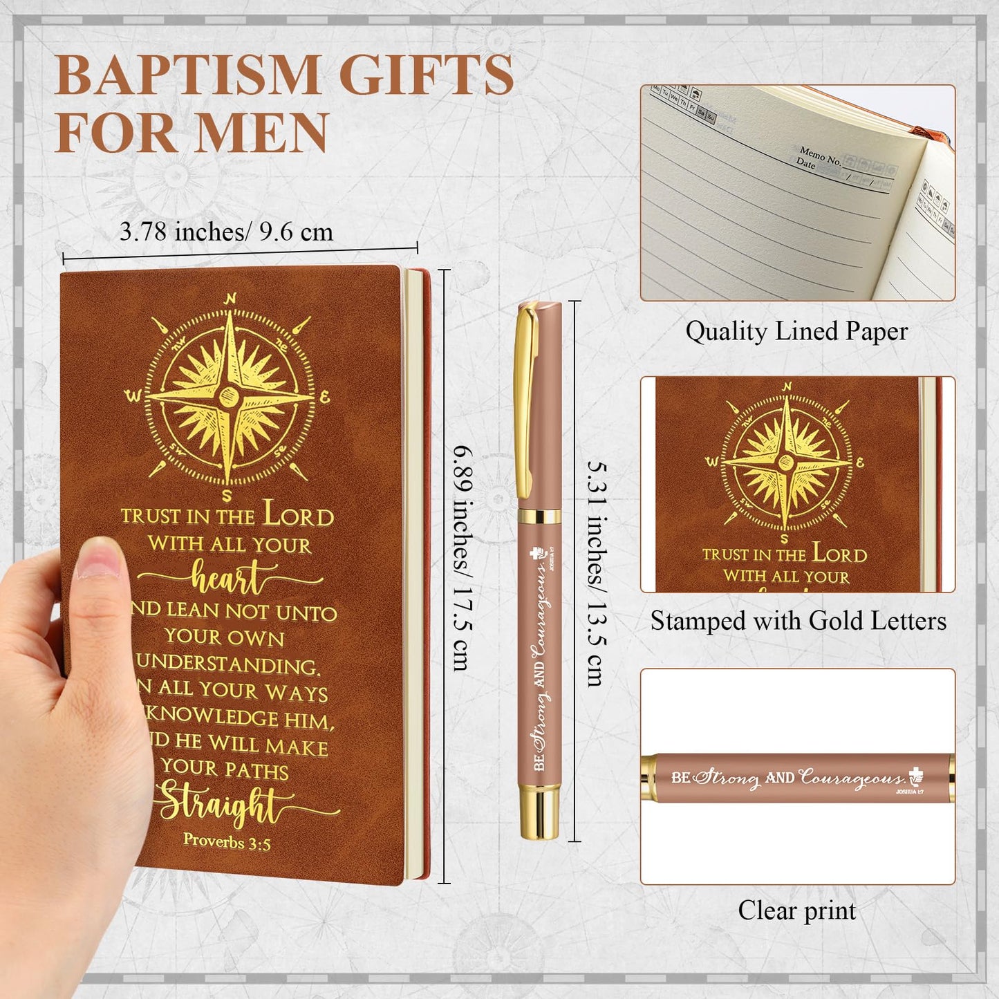 Fuyoooo 4 Pcs Christian Graduation Gifts Baptism Gift for Men Bible Journal Religious Engraved Compass Bible Pen for First Communion Father's Day