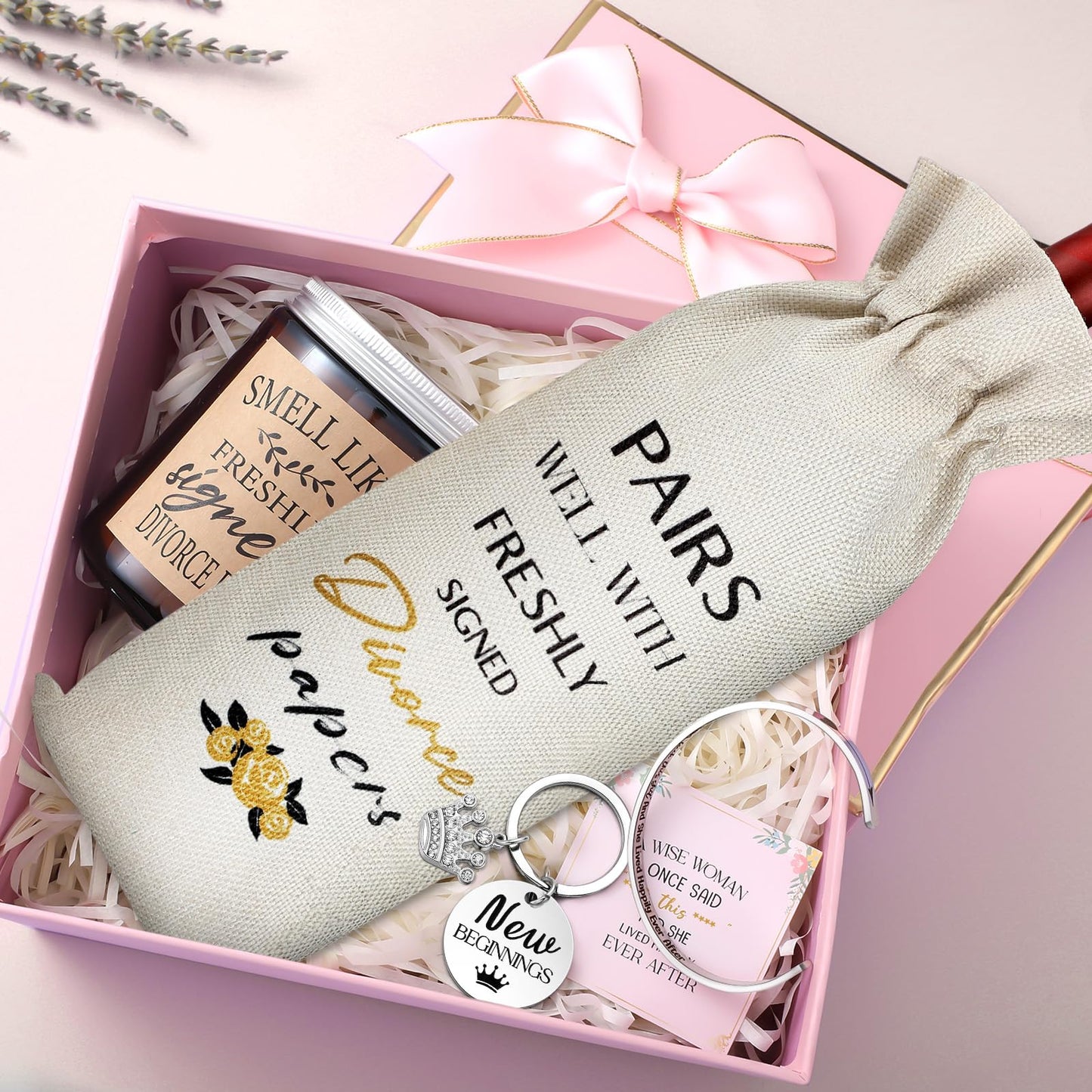 Quelay 7 Pcs Divorce Gifts Box for Women Divorce Party Gifts Breakup Candles New Beginnings Keychain Wine Bag Bracelet for Newly Divorced Woman