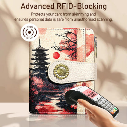 Kelvoris Japanese Sunset Goth Small Rfid Women Wallet Bifold Zipper Coin Pocket PU Leather Compact Cash Credit Card Holder Travel Wallet for Female Ladies Teen Girls 1 ID Window 10 Card Slots
