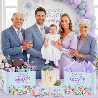 Christian Art Gifts Bag with Card & Purple Tissue Papers,Scripture Gift Bag,May God's Grace Be With You Scripture Gift Bag with Bible Verse for Mother's Day,Baptism,Wedding,Christian Goodie Treat Bag