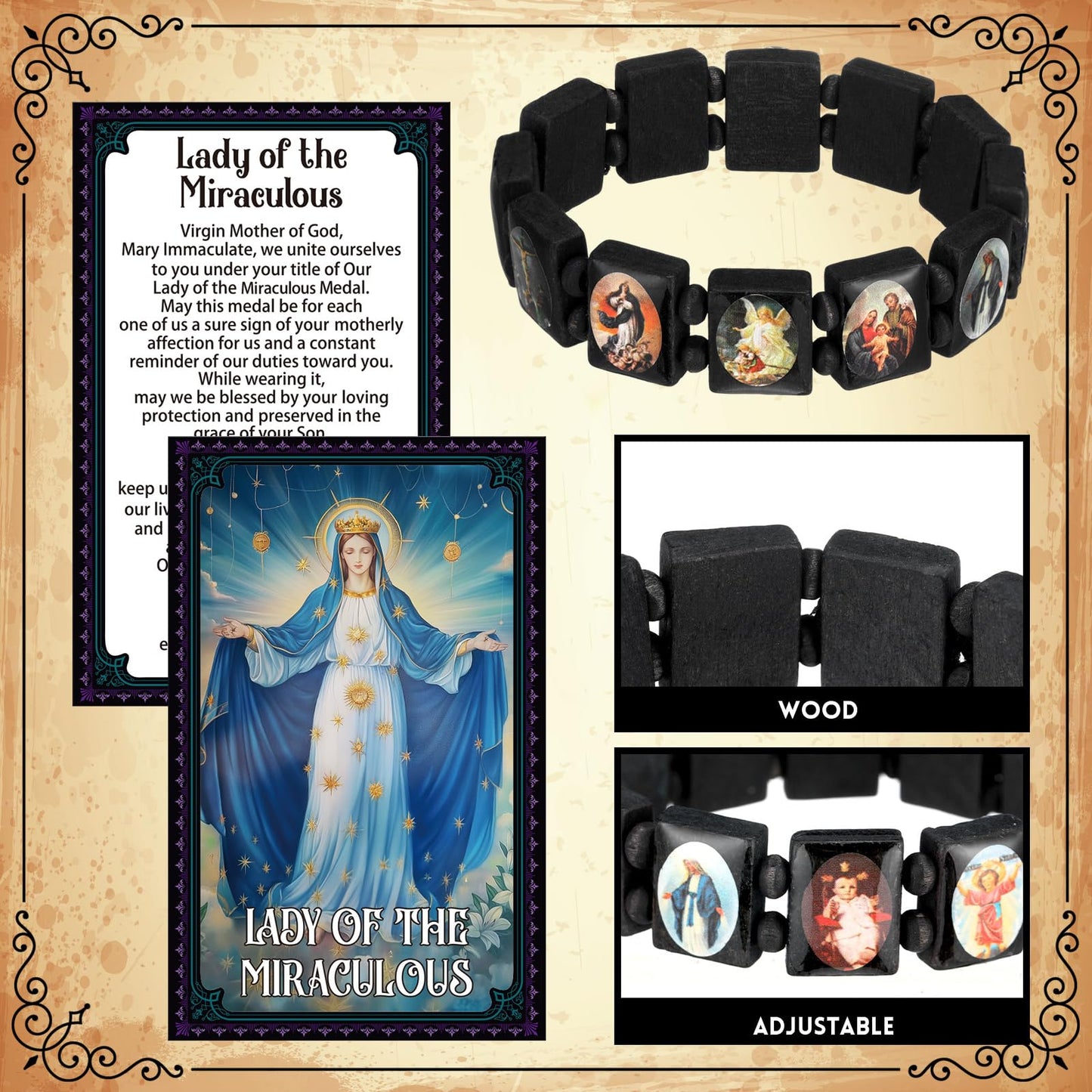 Huquary Catholic Gifts Set Catholic Saint Prayer Cards Holy Rosary Bracelets Devotional Wood with Bags Religious First Communion Baptisms Easter Gift Bulk for Christian Party Favor