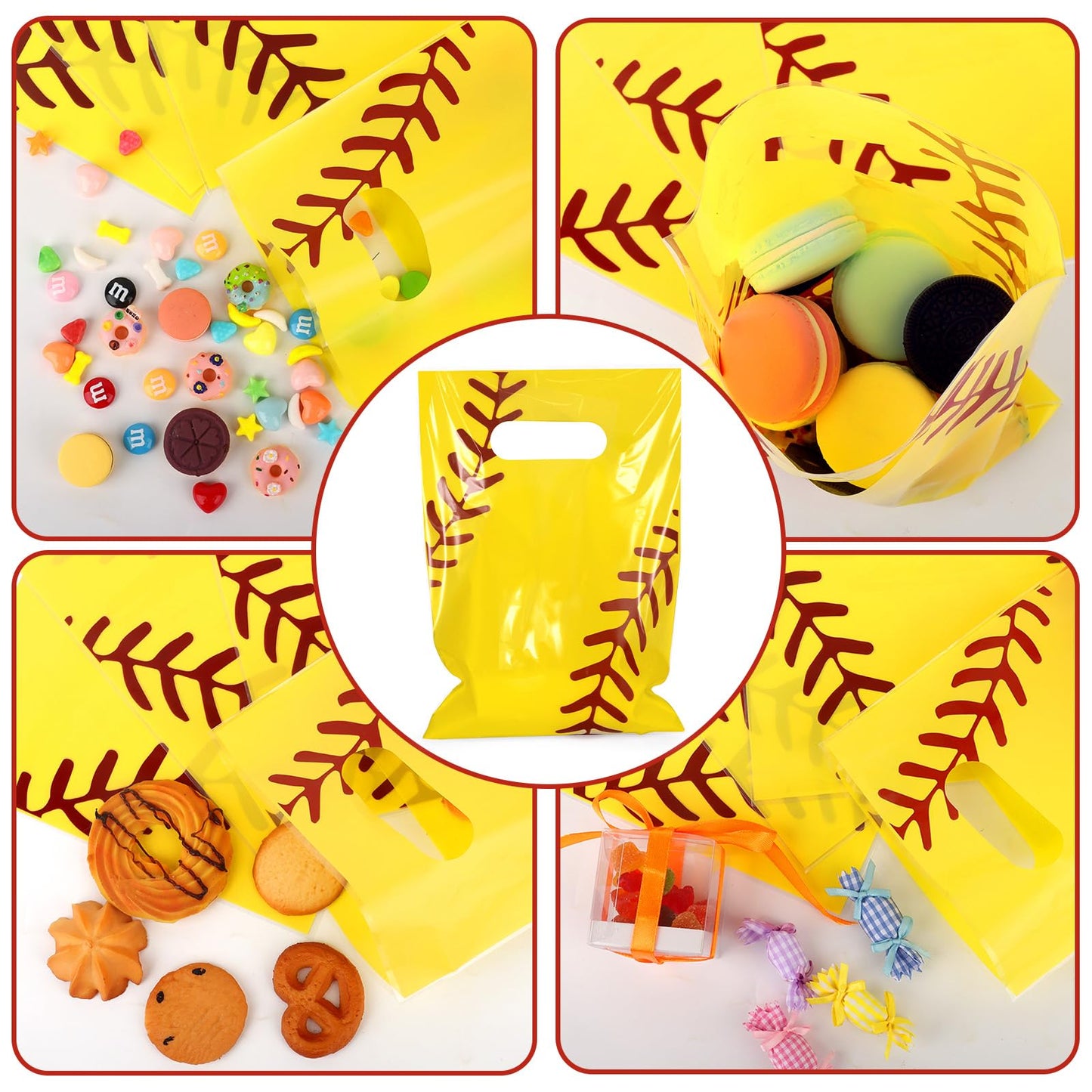 Hxezoc 50 Pieces Softball Gift Bags with Handle, Plastic Treat Candy Bag Sport Favor Bags For Kids Birthday Party Decoration Supplies (Yellow)