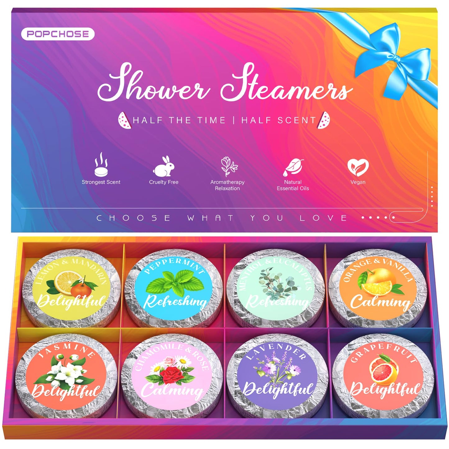 POPCHOSE Shower Steamers Aromatherapy, Valentines Day Gifts for Him, Her, Mom, Daughter, Wife, Birthday Gifts for Women - 8 Scented Shower Tablets with Gift Packaging, Self Care & Relaxation Home Spa