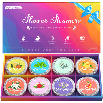 POPCHOSE Shower Steamers Aromatherapy, Valentines Day Gifts for Him, Her, Mom, Daughter, Wife, Birthday Gifts for Women - 8 Scented Shower Tablets with Gift Packaging, Self Care & Relaxation Home Spa