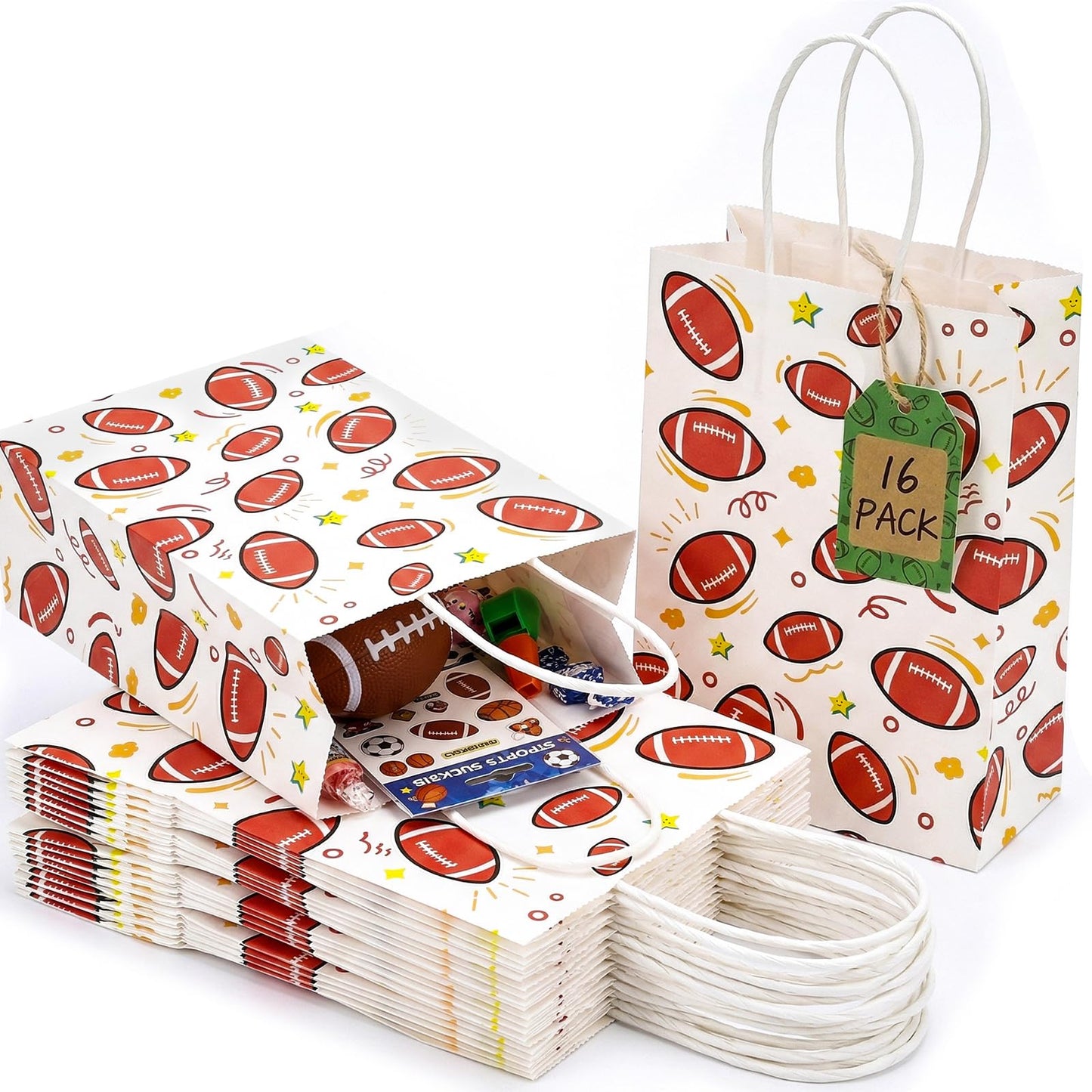 VGOODALL 16 Pack Football Goodie Bags with Handles, 5.5 x 2.8 x 8 Inches, Paper Gift Bags for Team Snack kids Birthday Party Favor Supplies