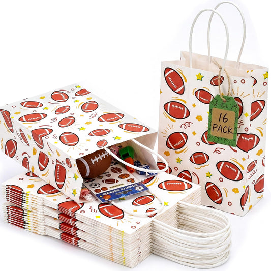 VGOODALL 16 Pack Football Goodie Bags with Handles, 5.5 x 2.8 x 8 Inches, Paper Gift Bags for Team Snack kids Birthday Party Favor Supplies