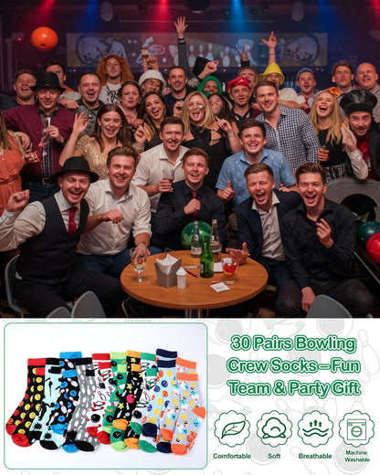Berlune 30 Pairs Novelty Bowling Socks for Men Funny Bowling Fathers Day Crew Socks Gifts Bulk Sport Gift for Bowlers Lovers