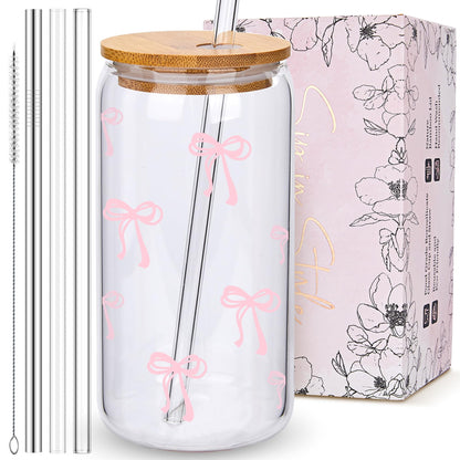 Coquette Cute Pink Bow Glass Cups with Lids and Straws, Aesthetic Iced Coffee Matcha Cup, Girly Preppy Design Tumbler Mug, Valentines Christmas Birthday Gifts for Women, Teen Girl Gifts Trendy Stuff