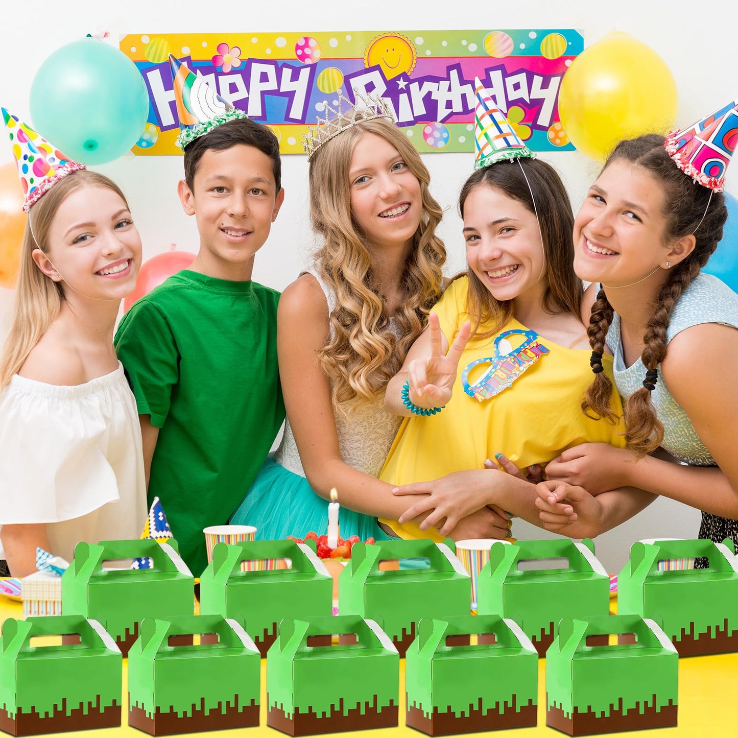 12Pcs Pixel Party Favors Gift Boxes Pixel Paper Treat Boxes Bulk Mining Themed Green Brown Video Game Birthday Goodie Candy Box for Kids Gamer Birthday Supplies Pixelated Party Baby Shower Decoration