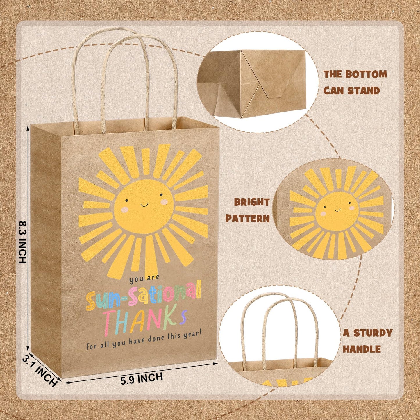 Tenceur 50 Pcs End of The Year Gift Bags Summer Party Gift Bags End of Year Kraft Bag Thank You Treat Supplies with Handle Appreciation Teacher Bag from Student for Graduation Summer Beach(Lovely)