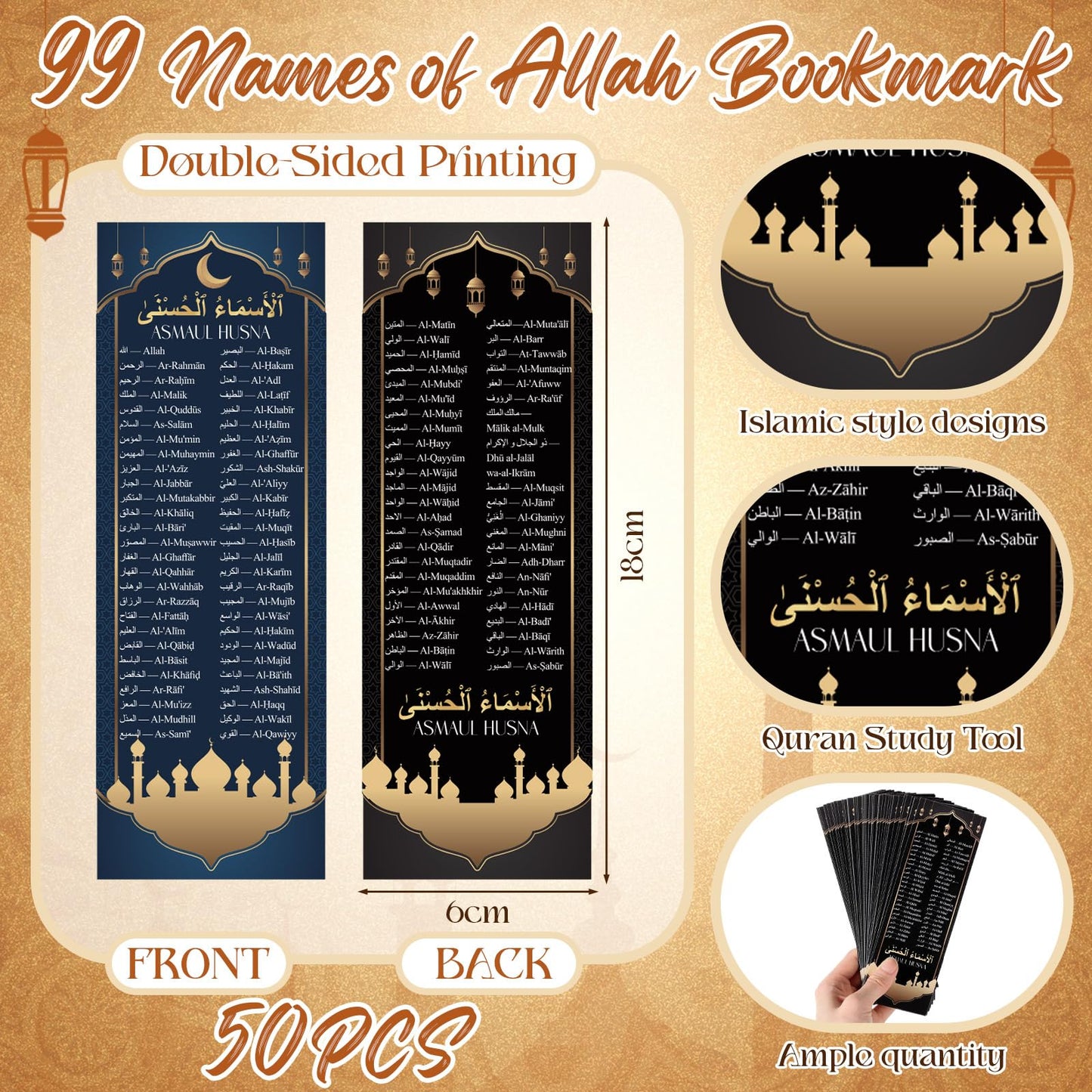 Resurhang 50 Sets Ramadan Gift Bulk Includes 99 Name of Allah Bookmarks Ramadan Mubarak Ballpoint Pens, Islamic Arabic Quran Gifts for Muslim Men Women, Eid Mubarak Party Favors