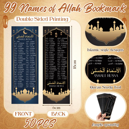 Resurhang 50 Sets Ramadan Gift Bulk Includes 99 Name of Allah Bookmarks Ramadan Mubarak Ballpoint Pens, Islamic Arabic Quran Gifts for Muslim Men Women, Eid Mubarak Party Favors