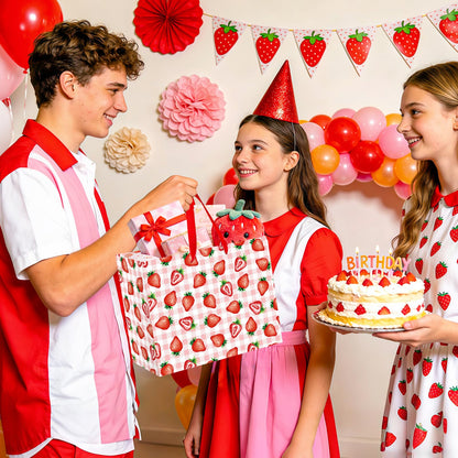 Strawberry Gift Bag with Red Tissue Paper & Card Pink Gingham Plaid Gift Wrapping Bag - Berry Sweet Theme Party Supplies for Women Teen Girls 1st Birthday, Baby Shower, Bridal Shower Summer Picnic