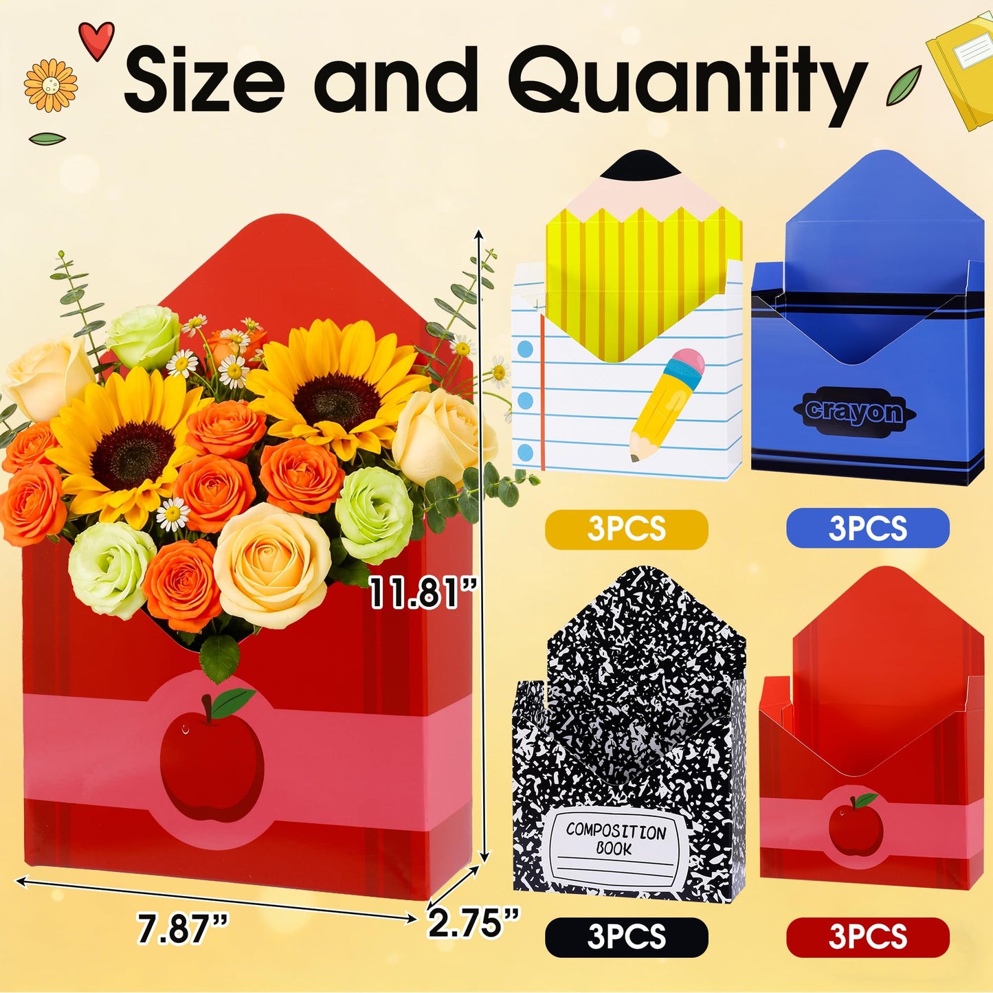 12 Pcs Back to School Gift Boxes Teacher Gift Boxes Florist Bouquet Envelope Box Paper School Teachers Envelope Gift Box,Teacher Appreciation Gifts Floral Boxes Flower Bouquet Packaging Party Favors