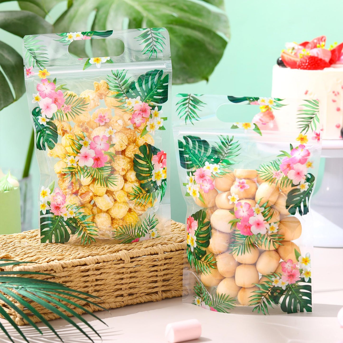 Teenyyou 60 Pcs Hawaiian Luau Party Gift Bags Summer Tropical Palm Leaves Hibiscus Sealing Bags for Candy Treat Goodie Cookie Gift Wrapping Hawaii Aloha Themed Party Favors Supplies