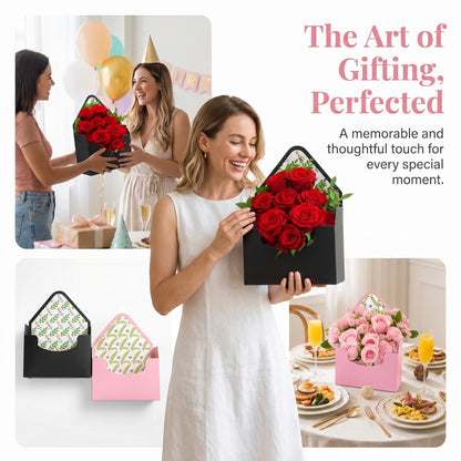 Cedilis Set of 20 Envelope Gift Box, Flower Boxes for Arrangements, Paper Floral Bouquet Packaging Box, Florist Supplies for Wedding, Party, Birthday, Mother's Day, Christmas, Pink and Black