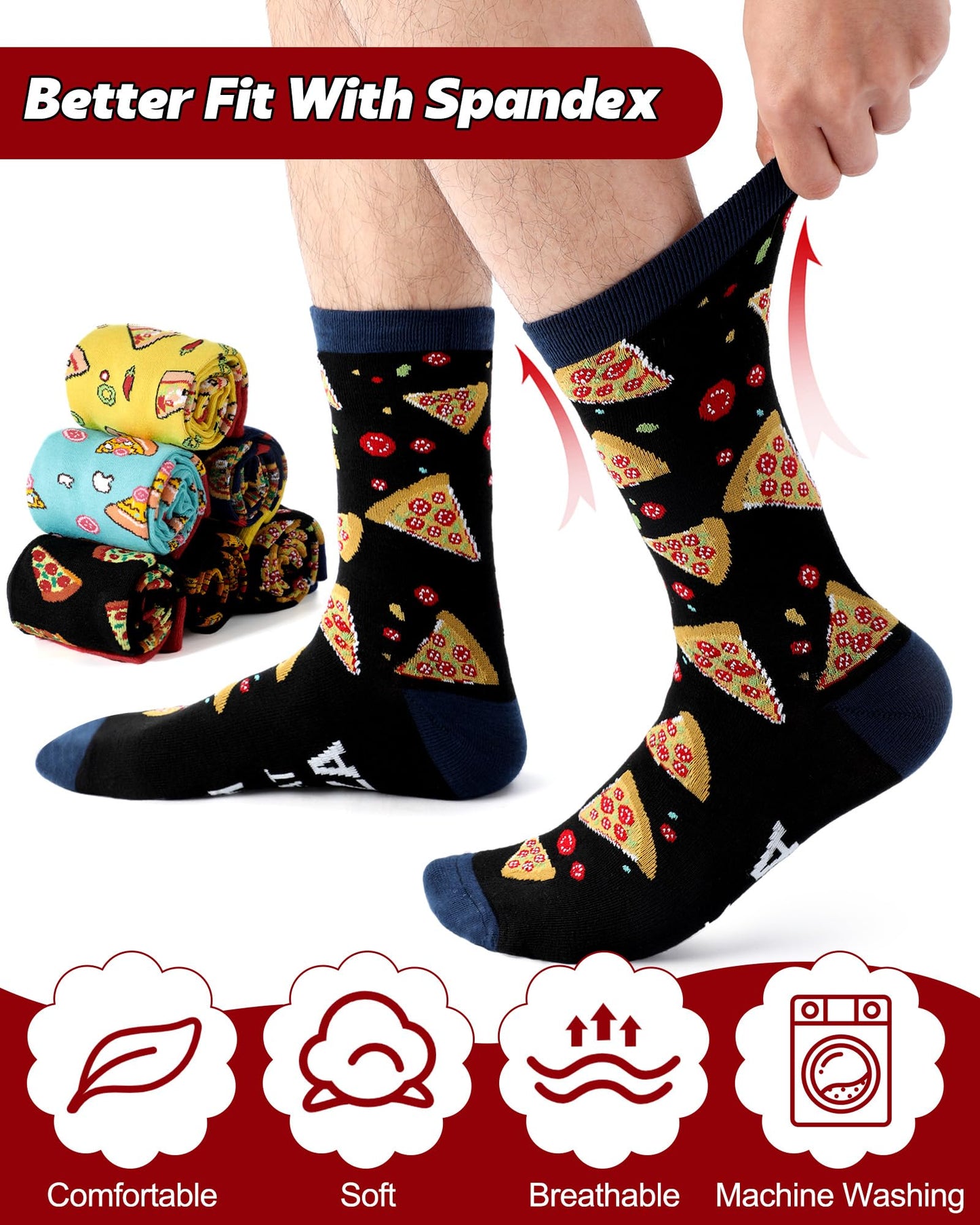 Haysandy 6 Pairs Funny Food Socks for Men Novelty Snack Lover Gift Crazy Design Socks for Pepper Bacon Hot Dogs Burger Pizza