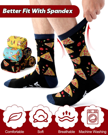 Haysandy 6 Pairs Funny Food Socks for Men Novelty Snack Lover Gift Crazy Design Socks for Pepper Bacon Hot Dogs Burger Pizza