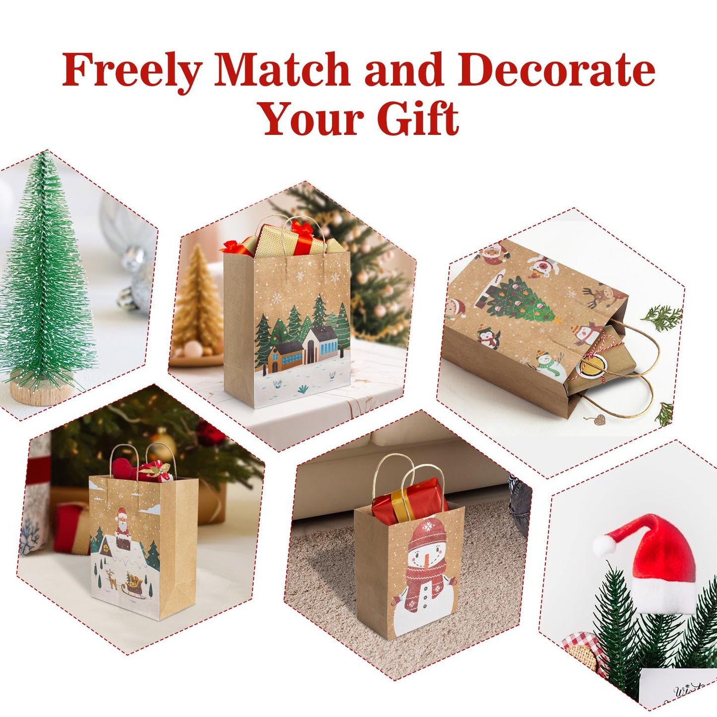CHARMGIFTBOX Christmas Gift Bags, 24-Pack Kraft Paper Gift Bags with Handles, 12 Large 13” & 12 Medium 9” Assortment for Holiday Party Favors, Gift Wrapping, Xmas Decor