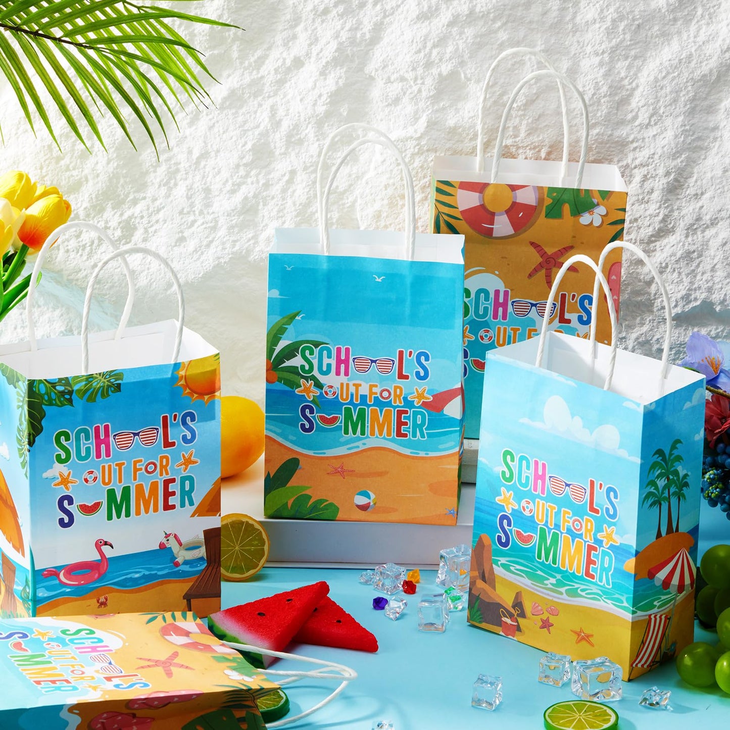 Yexiya 24 Pcs Summer Party Gift Bags Beach Themed Paper Treat Bags with Handles Candy Treat Paper Handbag for Birthday Parties, Summer Vacations, Weddings, Baby Showers Beach and Pool Celebrations
