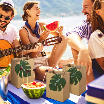 Dinifee 24 Set Hawaiian Aloha Gift Bags Bulk Tropical Luau Bachelorette Goodie Bags with Palm Leaves Monstera Kraft Paper Bridesmaids Beach Party Favors for Summer Hawaiian Wedding