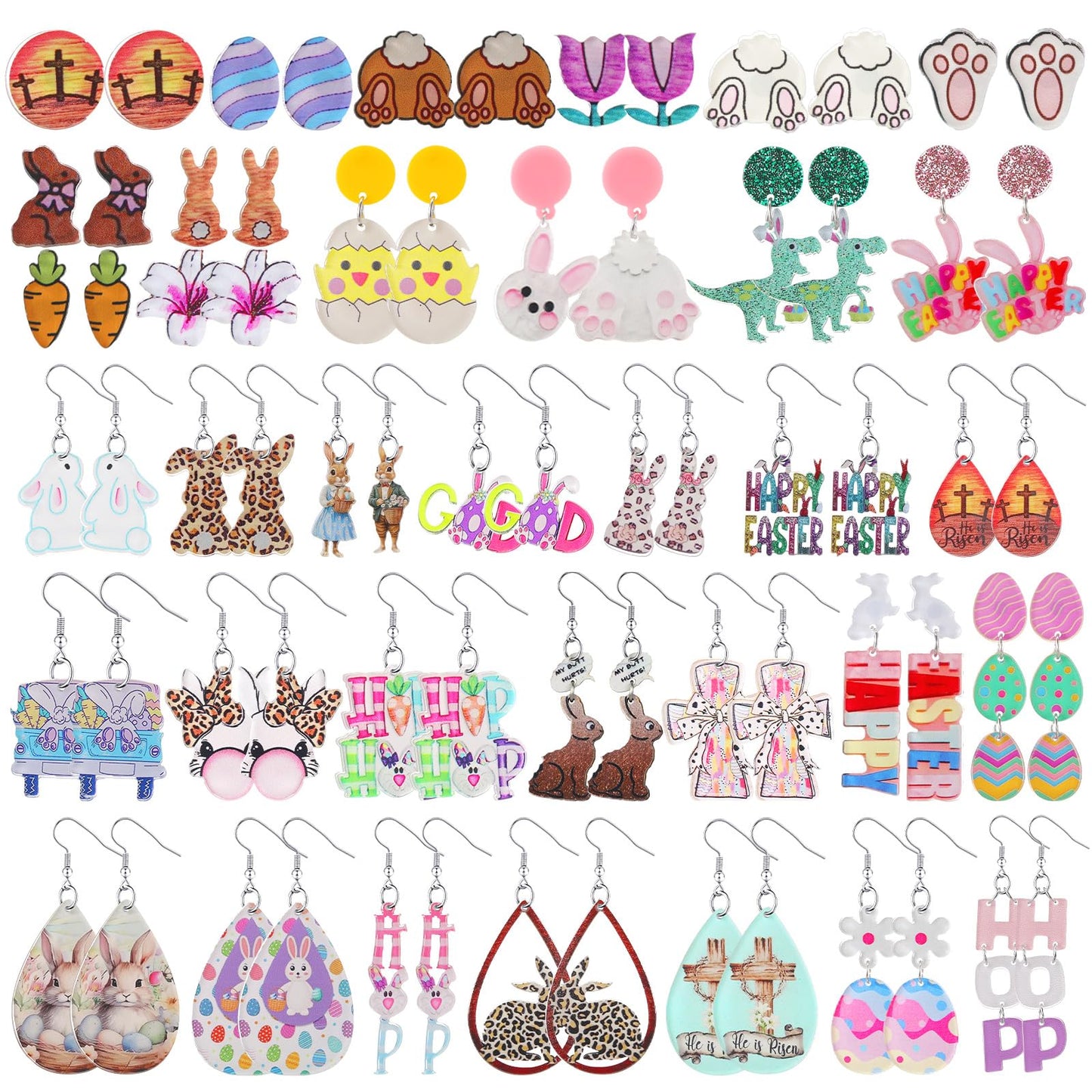 Nosiny 36 Pairs Easter Earrings for Women Bulk Colorful Easter Bunny Dangle Earrings Cute Spring Rabbit Carrot Egg Shaped Jewelry Holiday Gift