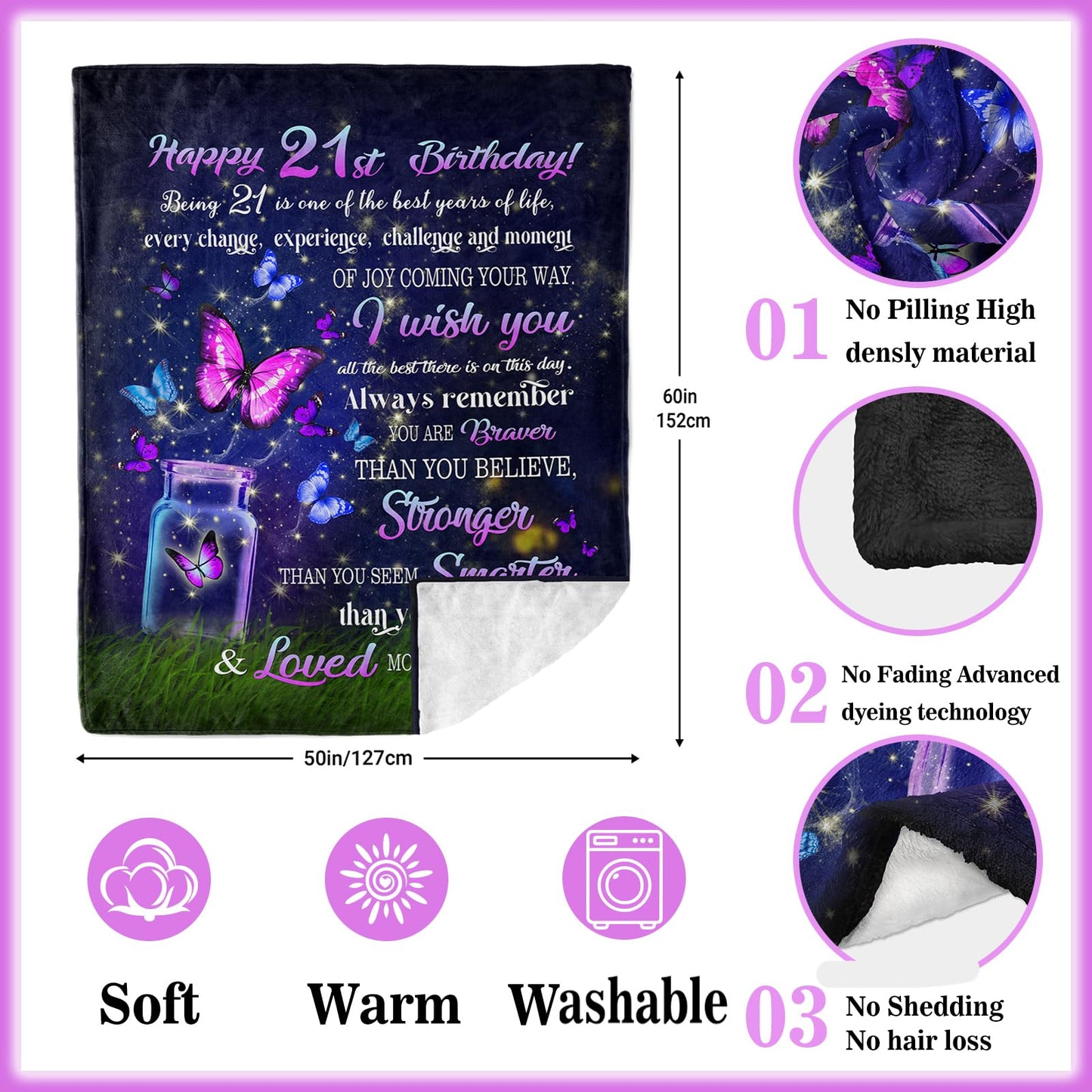 Ryubein 21st Birthday Gifts Blanket 50" X 60", 21st Birthday Gift for Her, 21 Year Old Birthday Gift for Her, Gifts for 21st Birthday Female, Gift for 21 Year Old Female, 21st Birthday Decorations