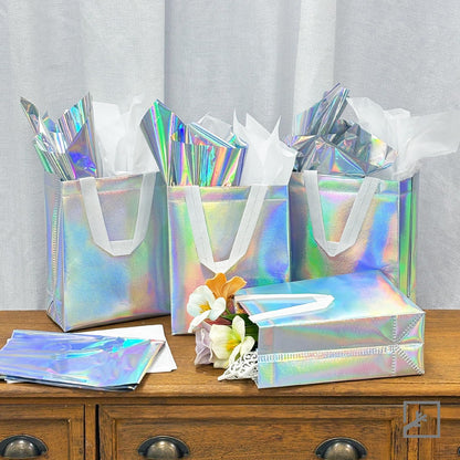 ZIFTY 32PCS Goodie Gift Bags with Handles, Reusable Non-woven Holographic Iridescent Gift Bags Bulk with Tissue Papers for Birthday, Wedding, Easter, Christmas, Holiday Party Favors 8W x 4L x 10H