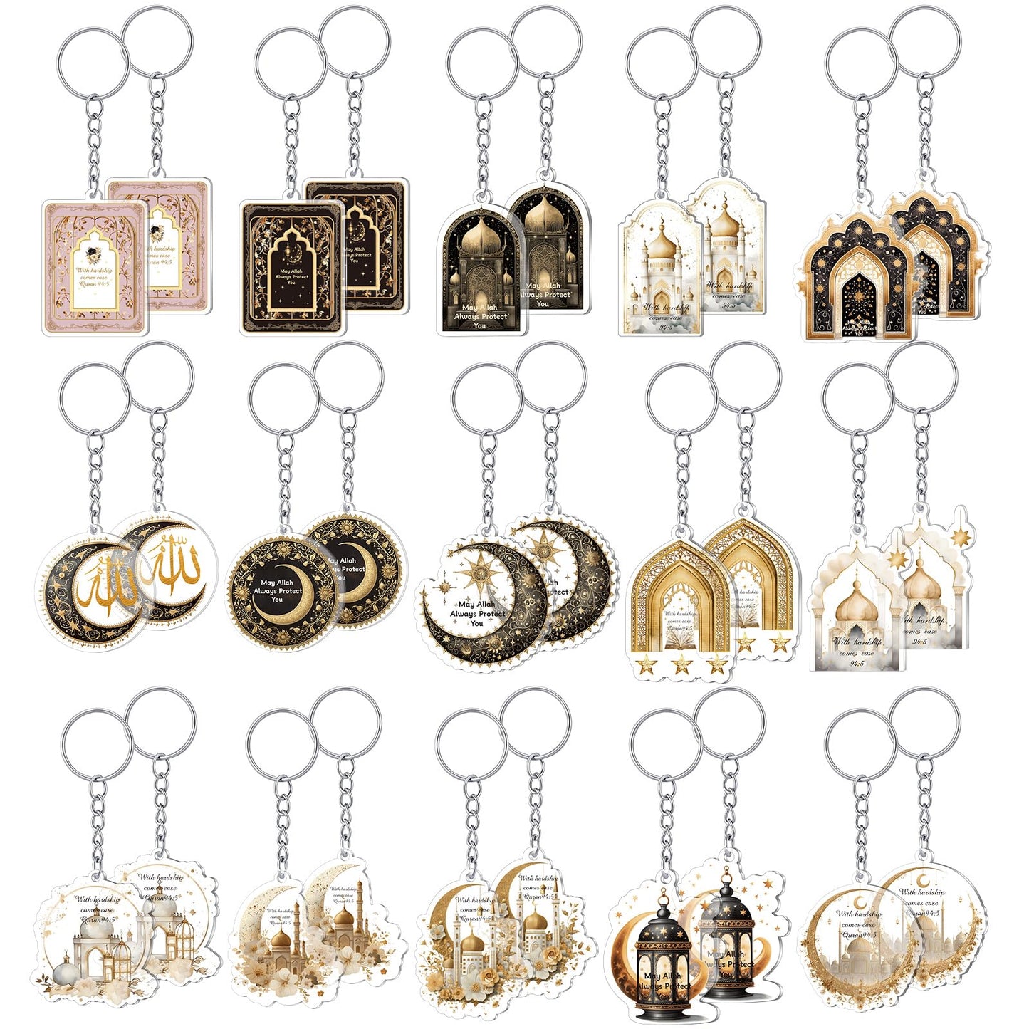 Liliaafar 30 Pcs Islamic Keychain Gifts Bulk Acrylic Muslim Keychain Ramadan Eid Gifts Bulk Stars Moon Rosary Religious Party Favors for Ramadan Hajj Wedding(30 Pcs,Attractive)